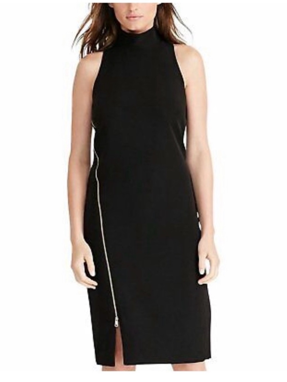 Ralph Lauren Black Sleeveless Mock Neck Midi Dress with Silver Zip